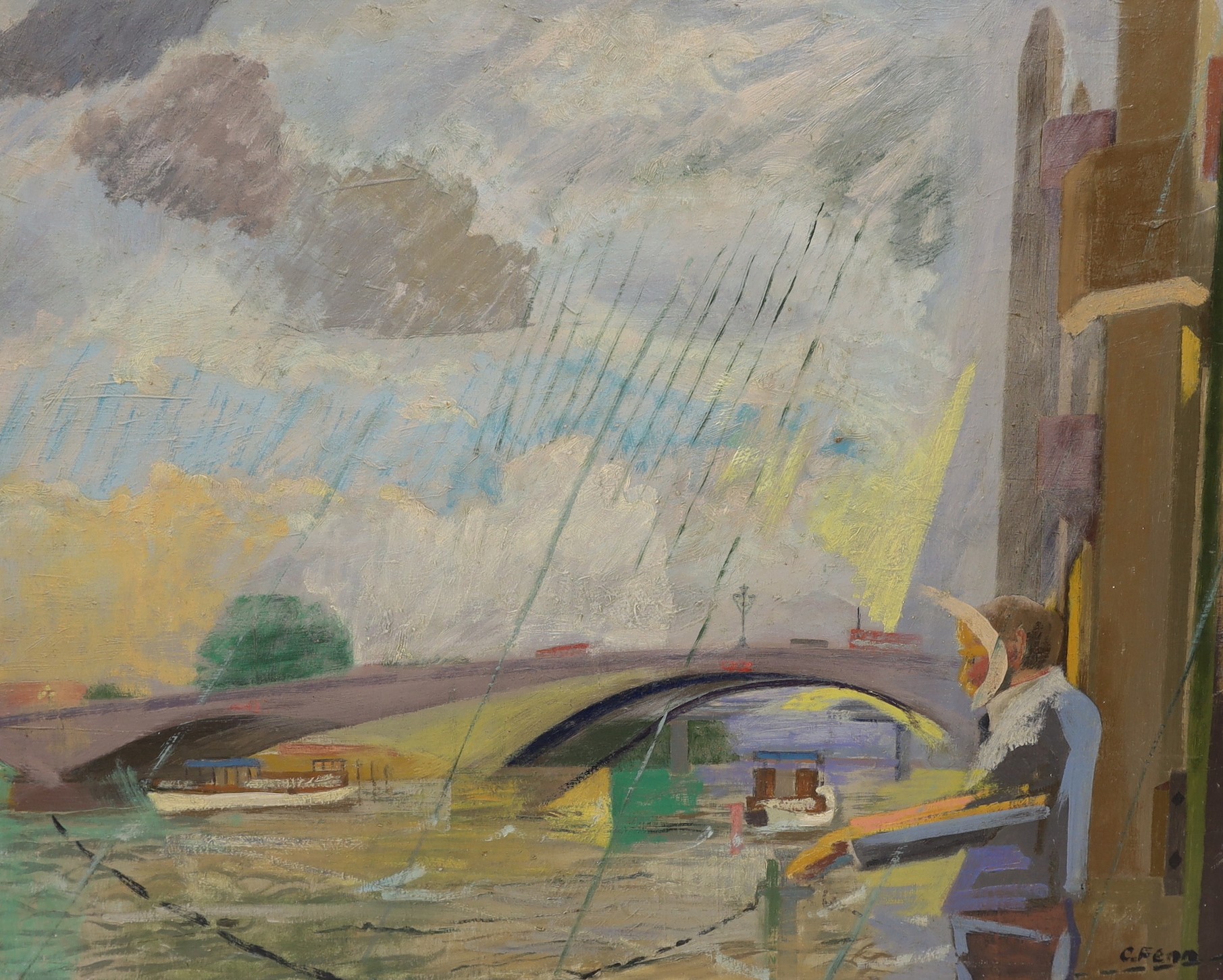 Constance Fenn RCA, NEAC (1933-2001), oil on board, Angler beside a bridge, signed, 61 x 76cm, unframed.